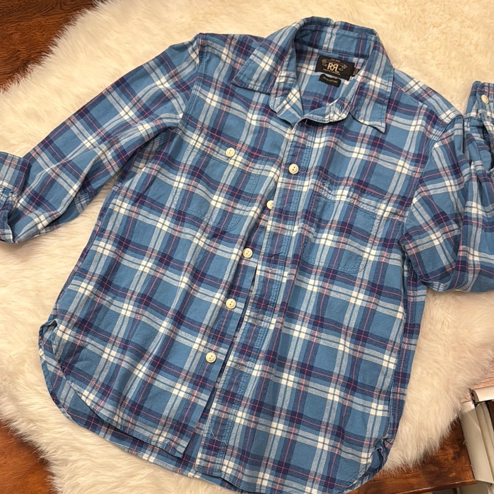VINTAGE RARE Ralph Lauren Double RL Blue Plaid Unisex Shirt size 4 pre-owned.